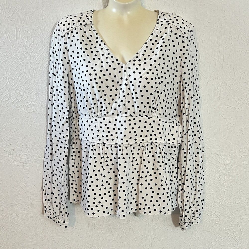 Boden White Navy Blue Polka Dot Print Long Sleeve V Neck Peplum Elsie Shirt 8R